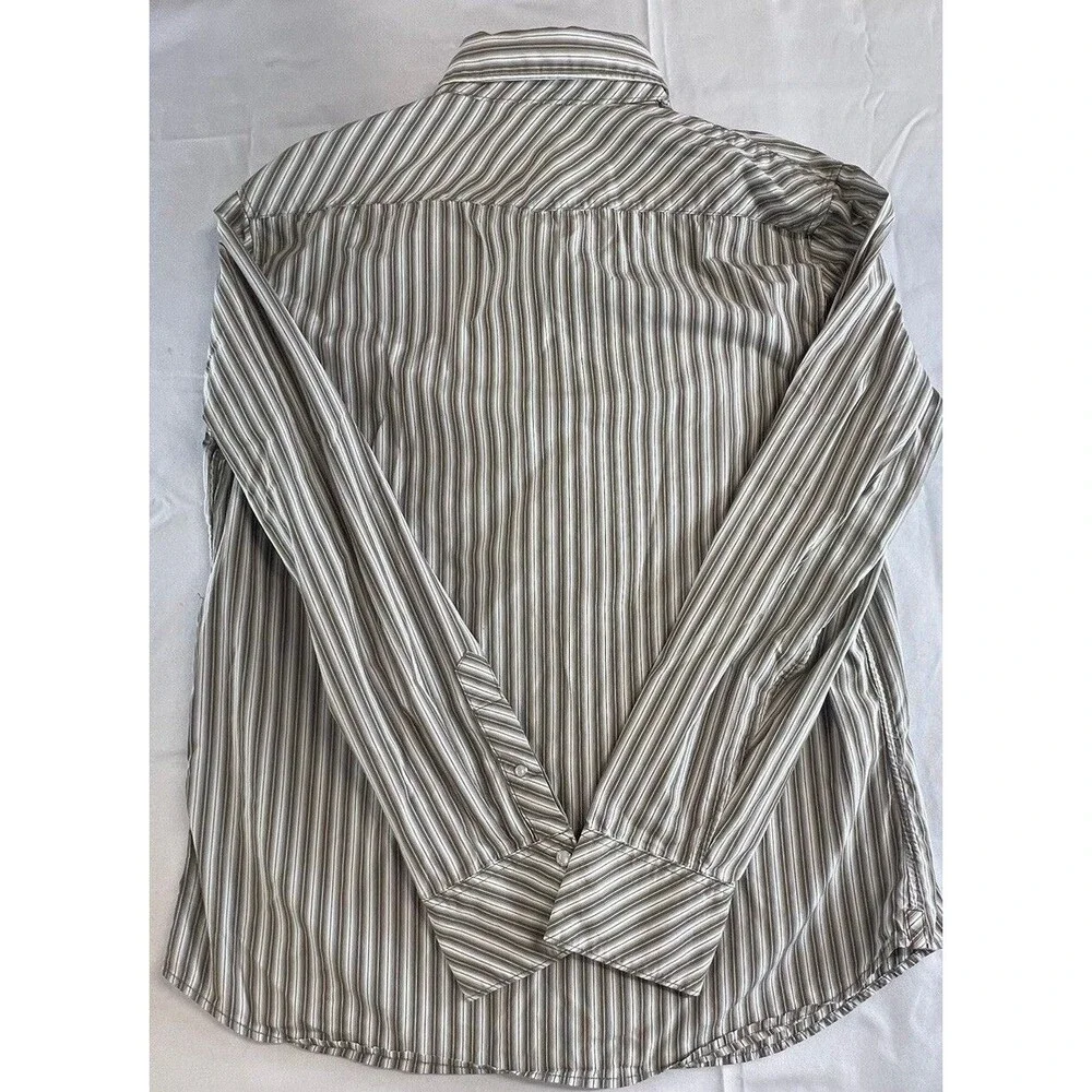 Banana Republic Mens Slim Fit Brown White StripedLong Sleeve Snap Shirt Size L